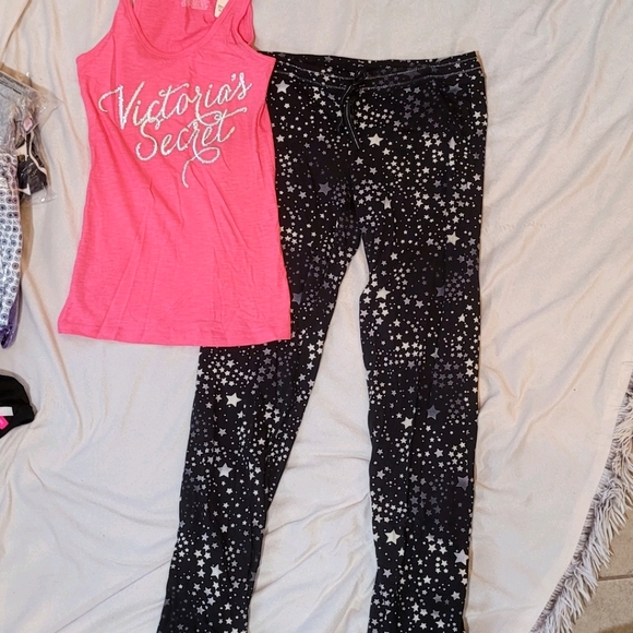 Victorias Secret Tank Pajama Set Pink Stars Sparkly Pink Black Gray White Silver - Picture 1 of 9